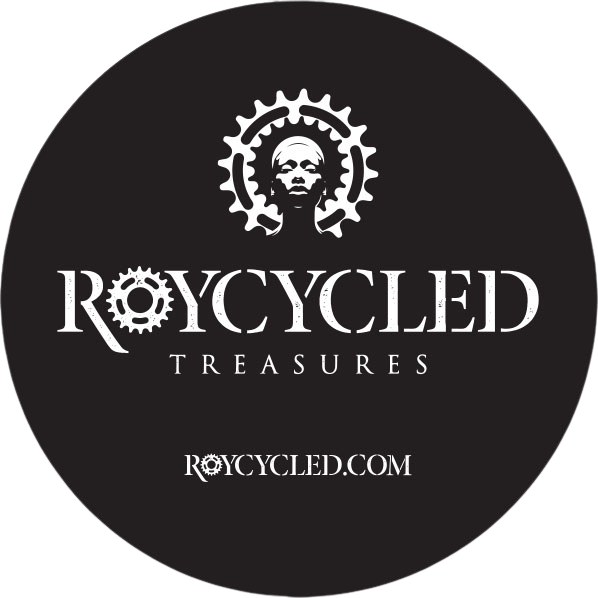 A black circular logo with a woman wearing a crown and the title "Roycycled Treasures" with roycycled.com below.