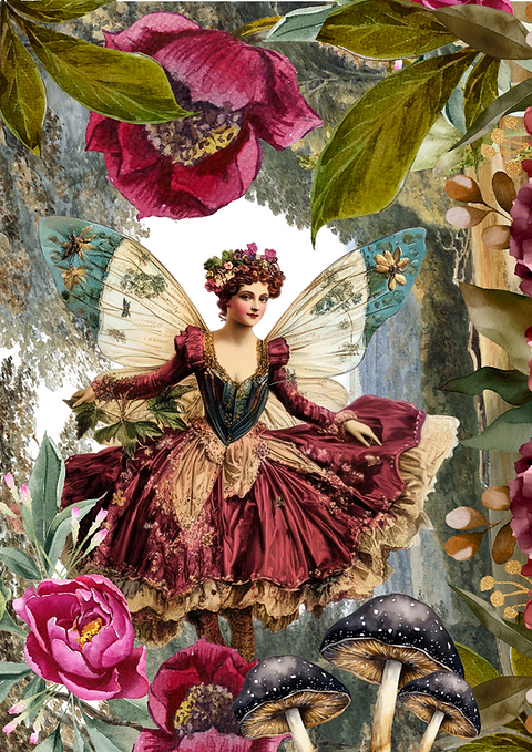 An A3 size decoupage paper featuring a fairy with flowers and toadstools.