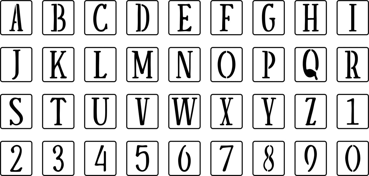 A set of 2 inch alphabet stencils intended for DIY crafting and stenciling.