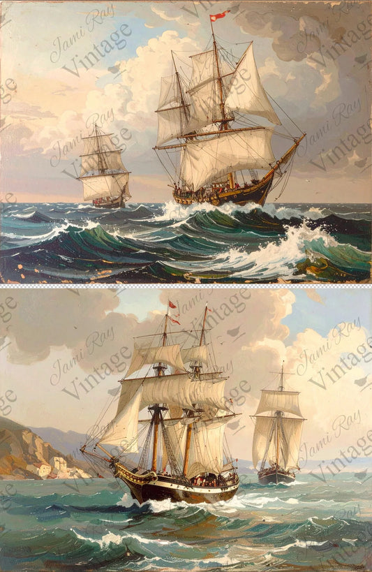 Sheet of Rice paper featuring two vintage-style paintings of sailing ships on a sea with clouds in the background