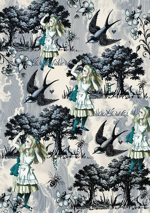A sheet of decoupage paper with a bohemian pattern featuring illustrations of a girl, trees, birds, and furniture in a grey, blue, and green color palette.