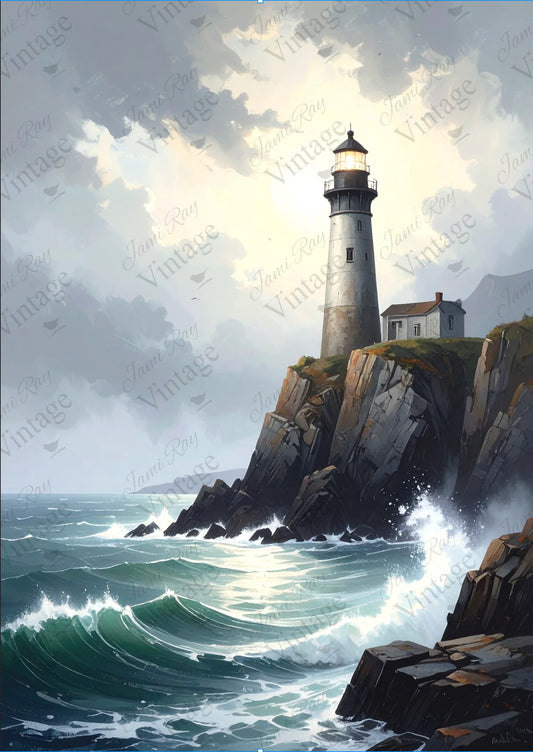 Lighthouse on the Rocks | A4 Rice Paper