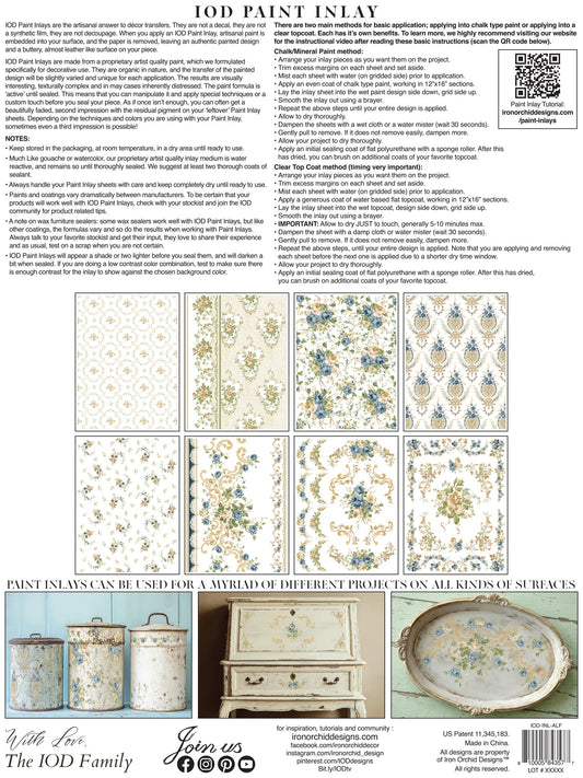 Back product of a paint Inlay product with decorative patterns and images of applied designs on surfaces.
