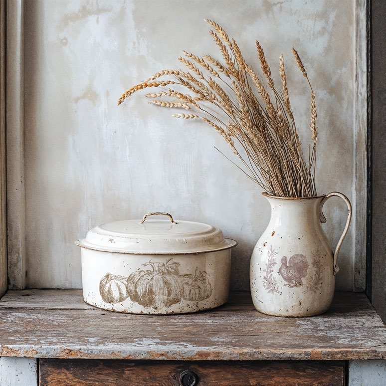 Decorative ceramic pot with lid and pitcher with wheat on a wooden surface, stamped with pumpkins and turkey.