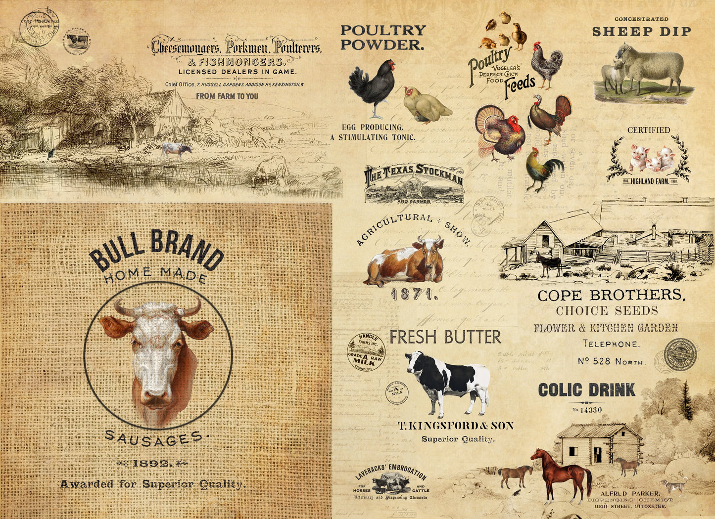 A sheet of Roycycled decoupage paper with farm animals and a farm in the background.