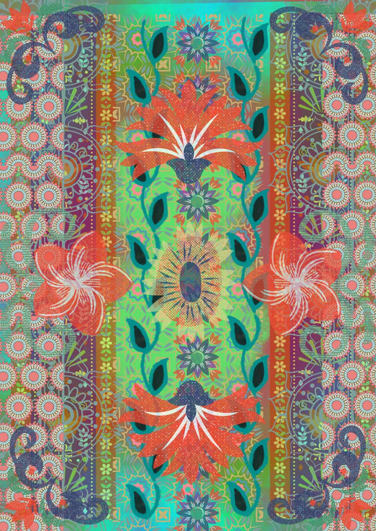 A colorful A3 size sheet of decoupage papers with floral bohemian patterns in red, blue, green, orange, and purple.