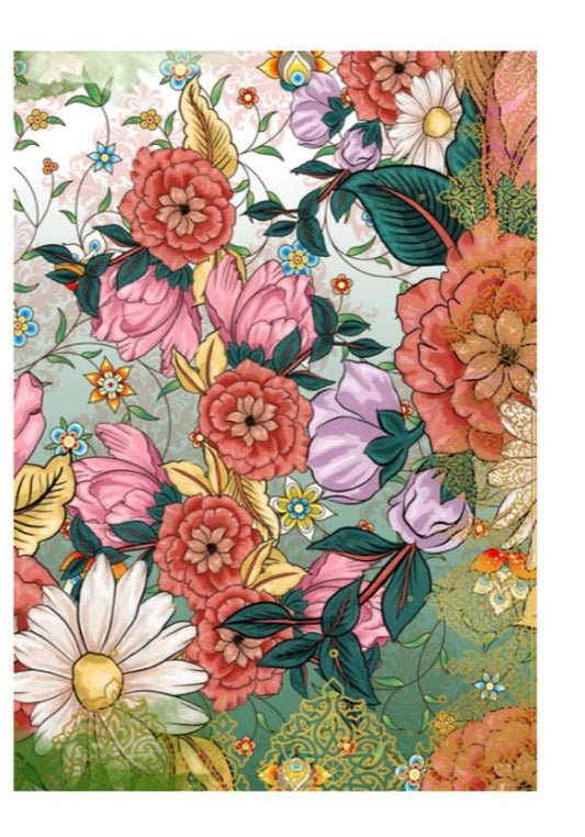 Decoupage paper of a colorful floral design with various flowers and leaves on a textured background
