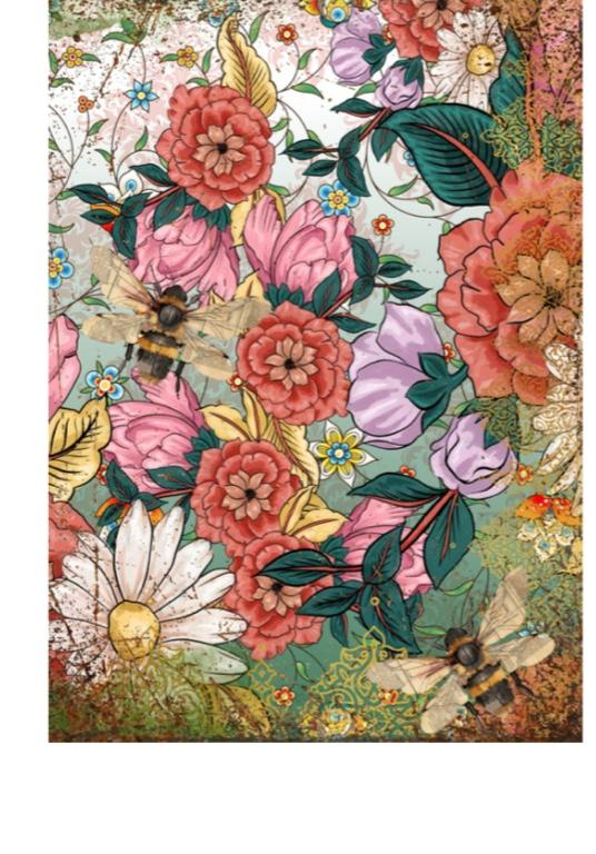 Decoupage paper with a floral pattern with colorful flowers and bees on a textured background