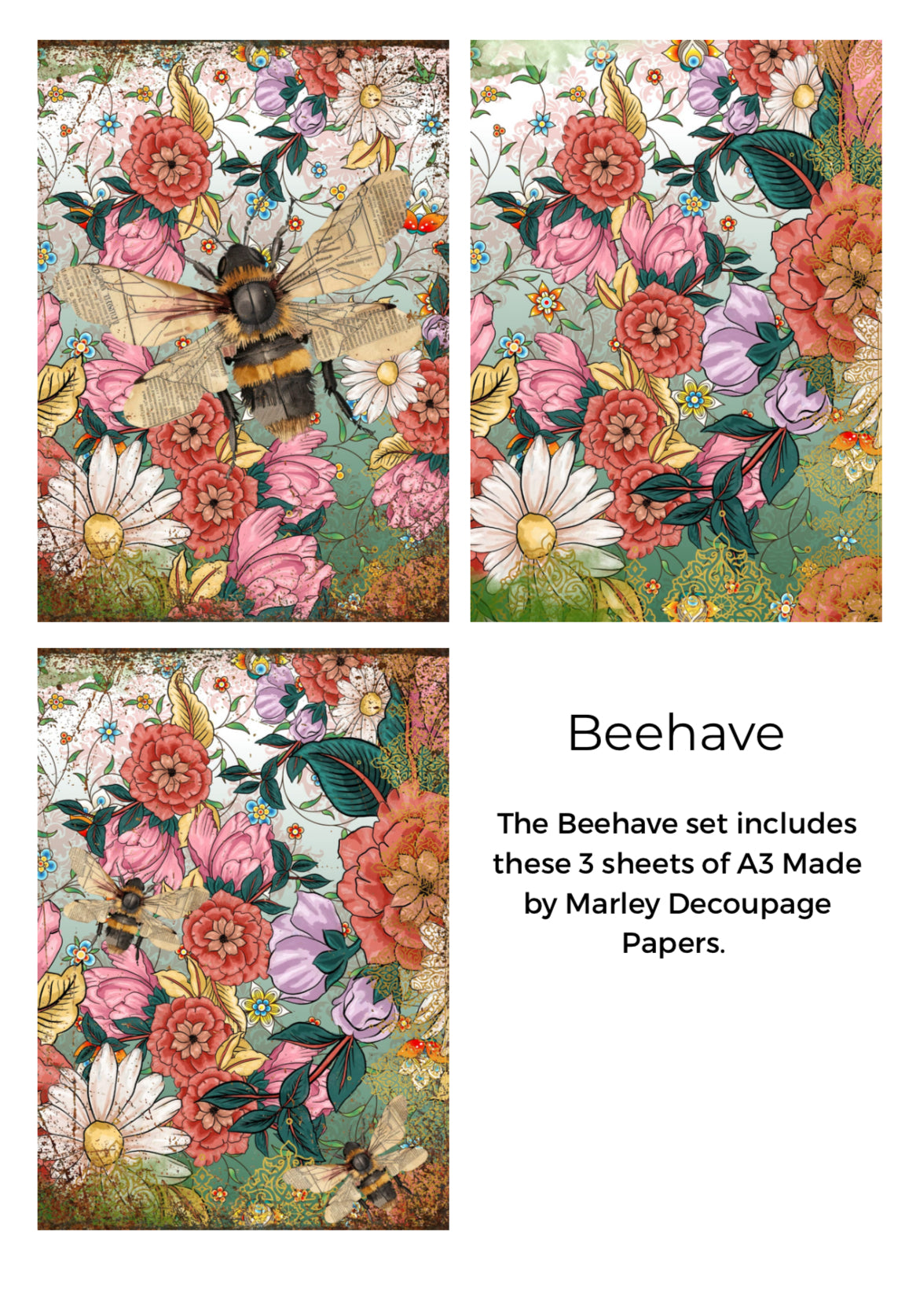 Three sheets of floral decoupage paper with bees and flowers, branded 'Beehave' by Marley Decoupage Papers.