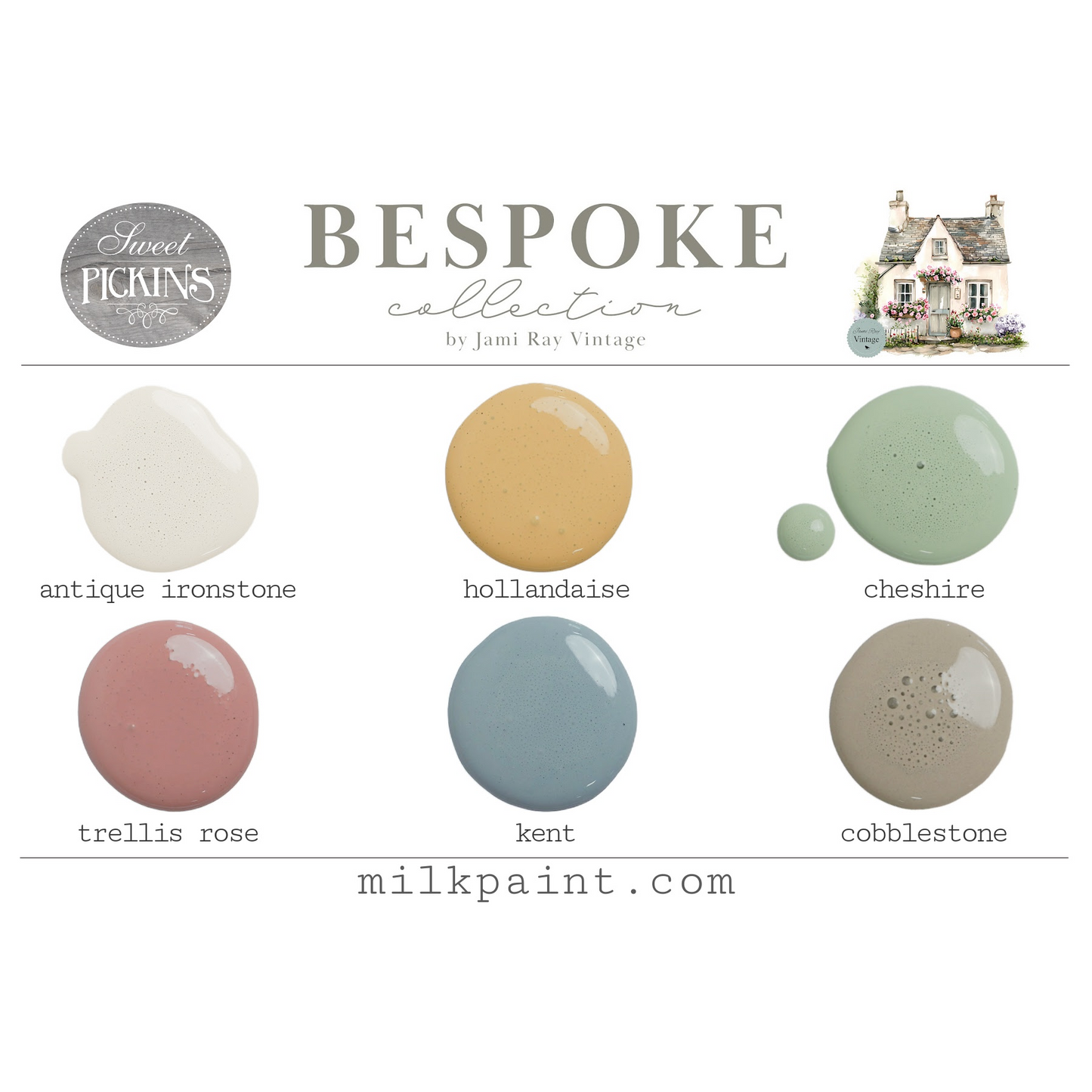 This add shows a dollop of each of the 6 "Bespoke Colors" from Sweet Pickins Milk Paint.