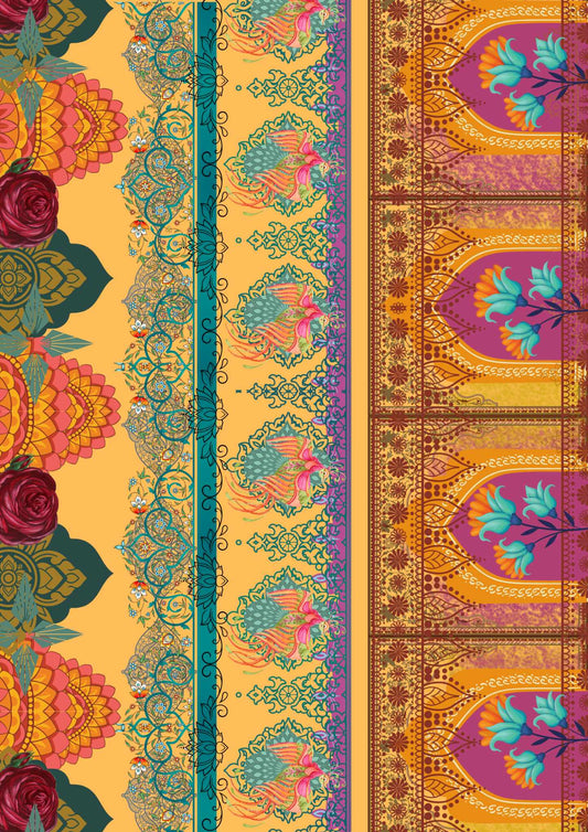 A colorful A3 sheet of decoupage paper with geometric patterns and borders, designed for furniture decoration.
