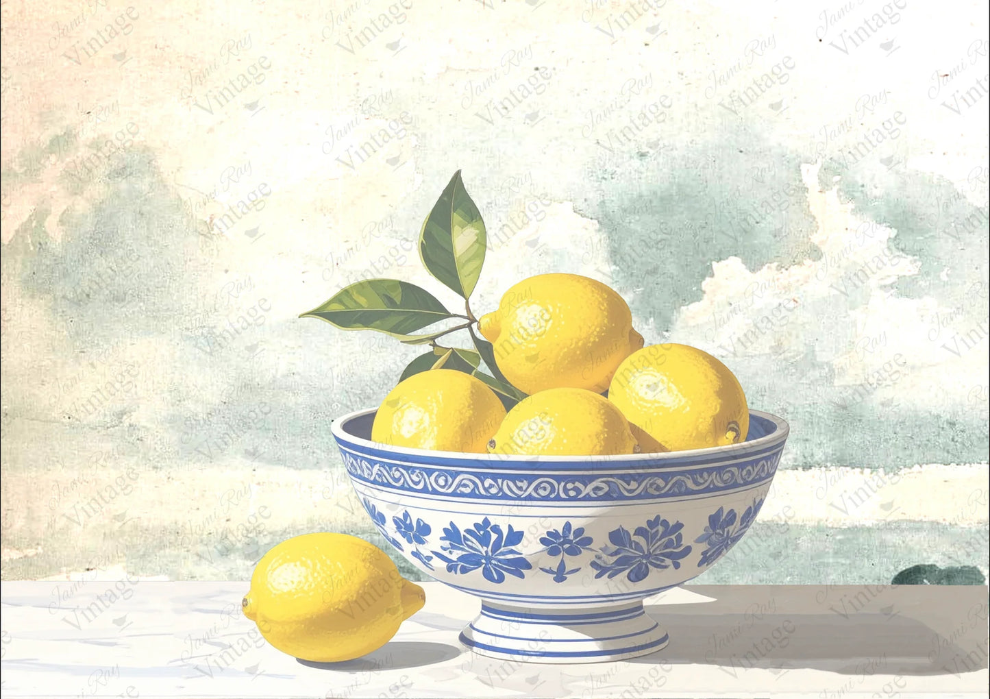 JRV, A4 size decoupage paper featuring a bowl of lemons with a decorative pattern on a light background