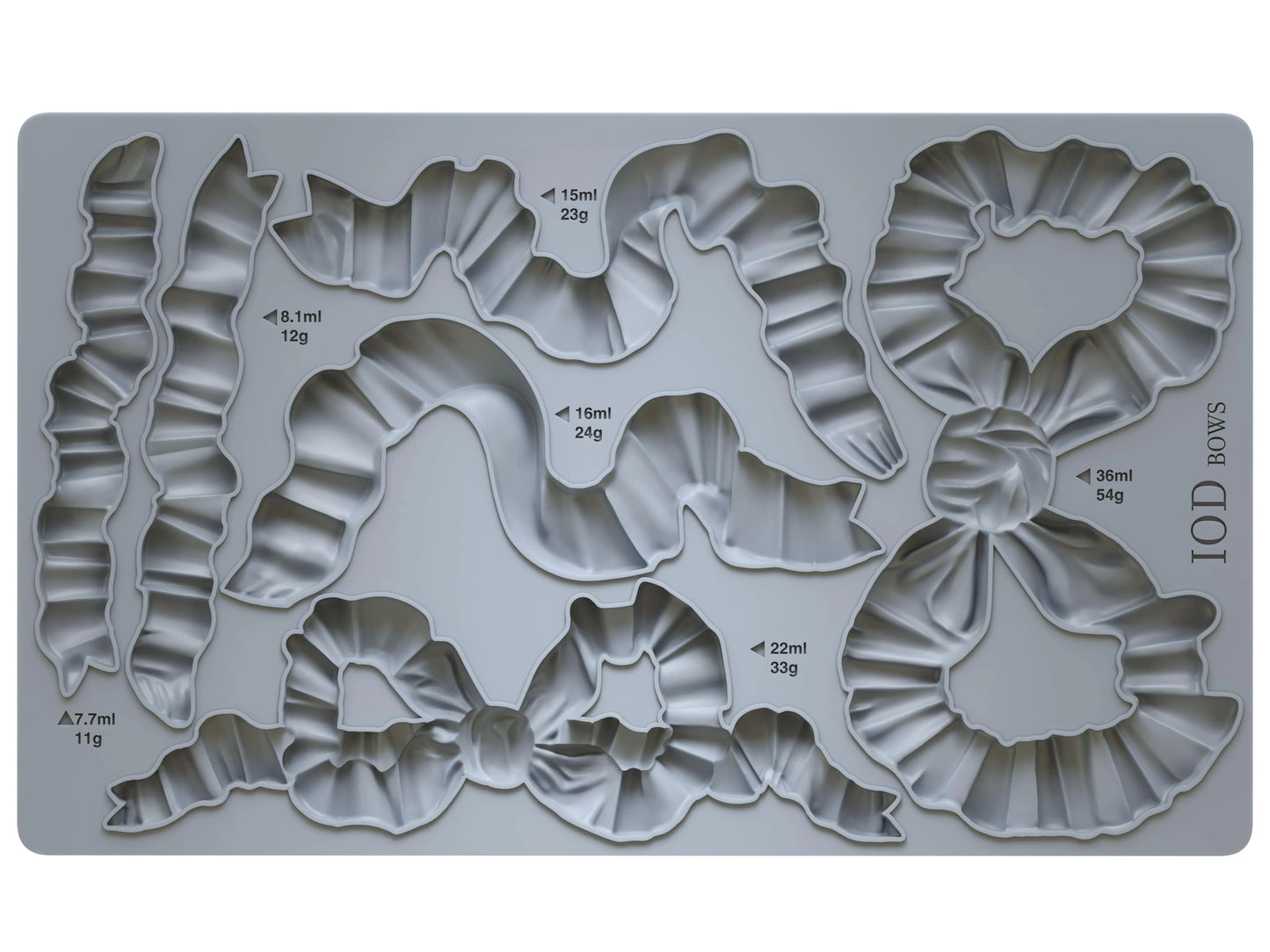 A 6"x10" silicone mould from IOD with bow shapes and their approximate measurements