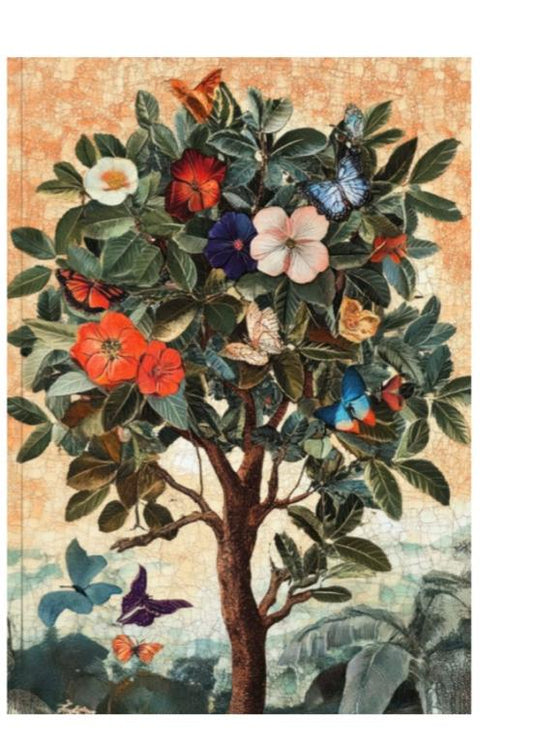 Decoupage paper of a tree with flowers surrounded by large butterflies