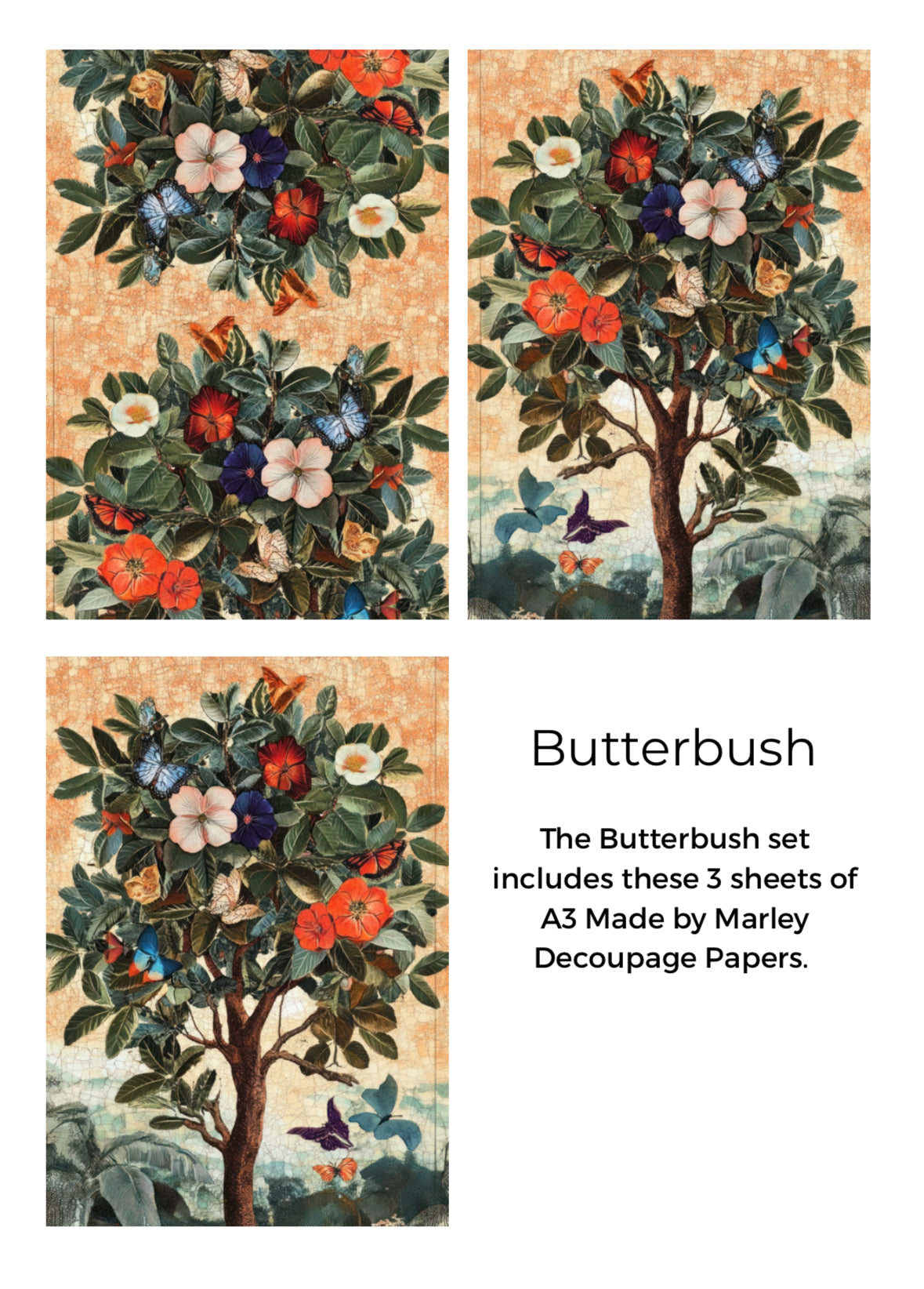 Butterbush decoupage paper set with floral and butterfly design on a beige background.