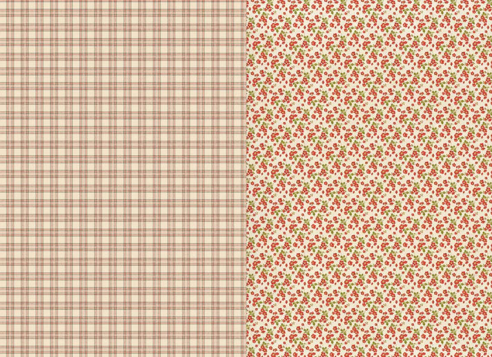 Two fabric patterns: a beige checkered pattern on the left and a floral pattern on the right.
