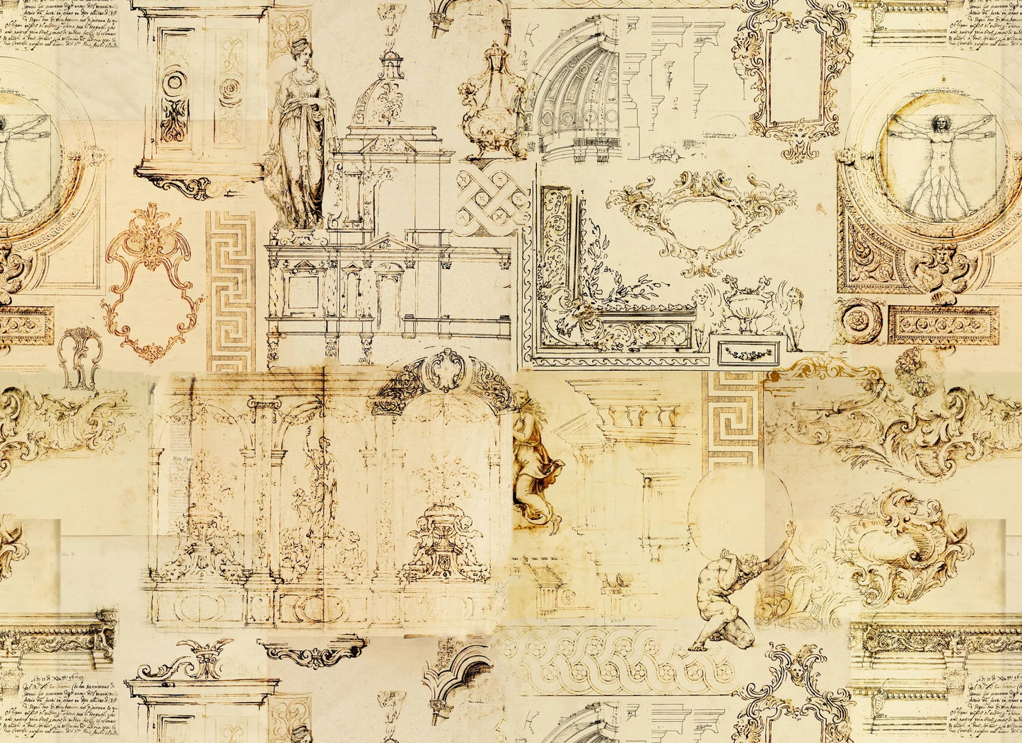 Collection of architectural and decorative drawings on a beige background