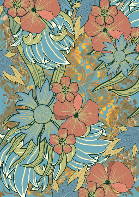 A3 size decoupage paper of red and blue florals with a yellow and blue pattern behind it.