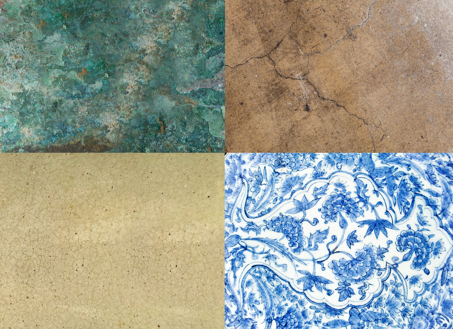 A sheet of decoupage paper with 4 samples showing various textures, including a green mottled pattern, a brown cracked pattern, a blue and white floral pattern, and a beige solid color.