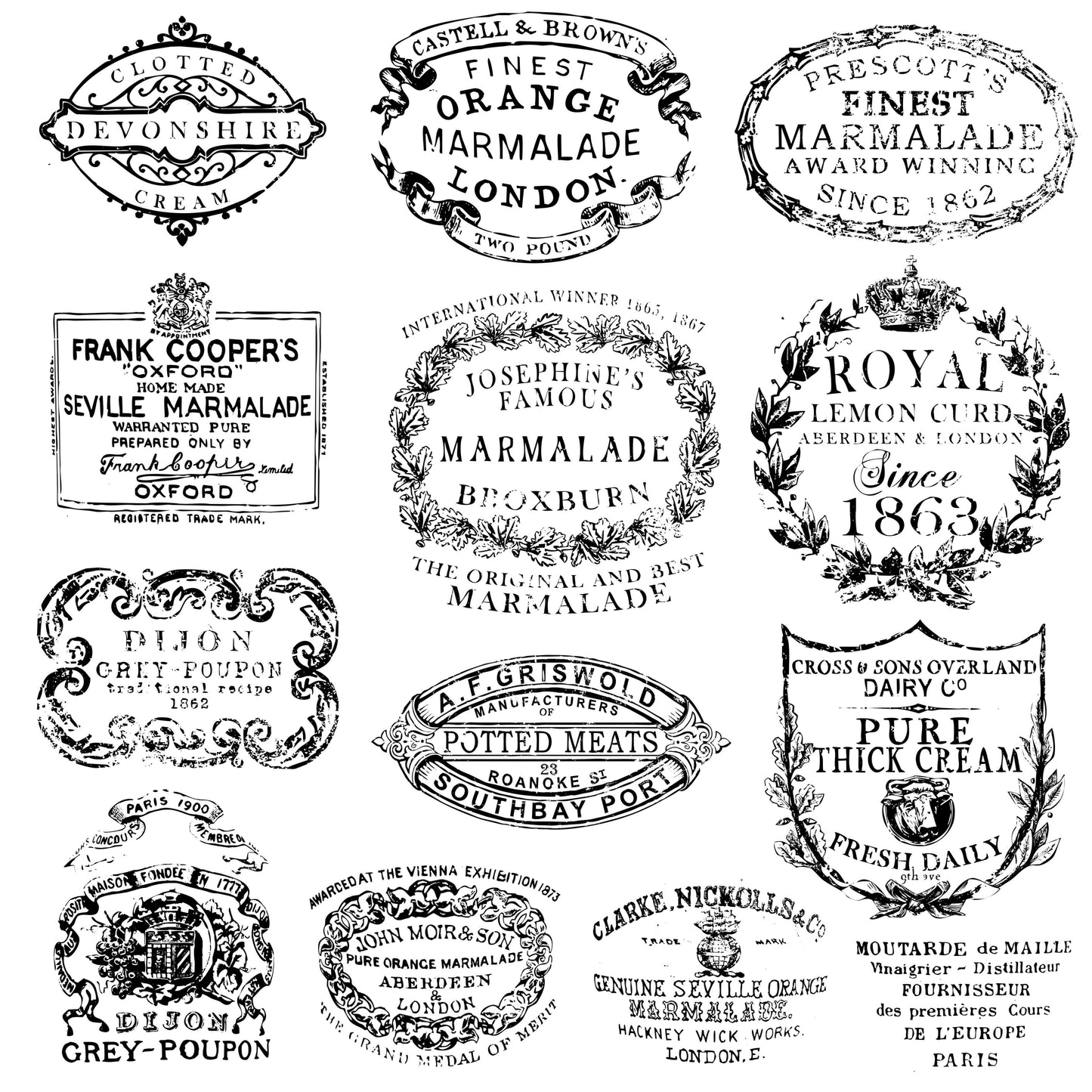 Collection of vintage marmalade and food product labels in black and white, meant to be used as stamps.