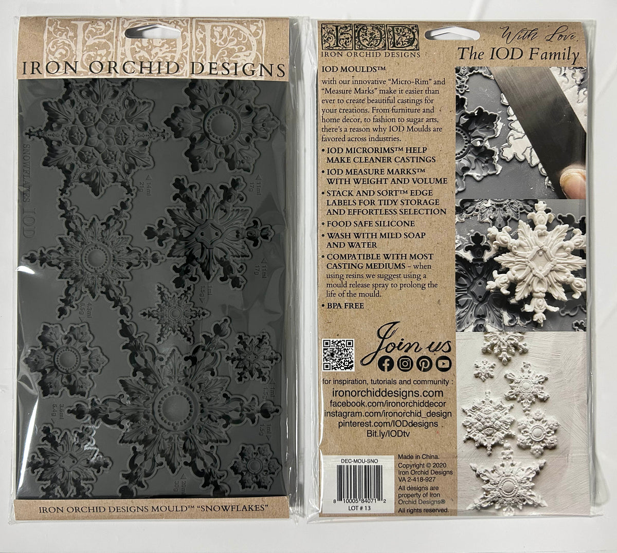 Iron Orchid Designs 'Snowflakes' mold set in its original retail packaging, showing the dark gray silicone molds on the left and the included instructions and sample castings on the right.