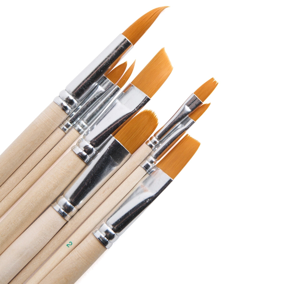 A close up view of a variety set of 8 brushes with wood handles and nylon bristles, all in different shapes and sizes, from the brand Elseware.