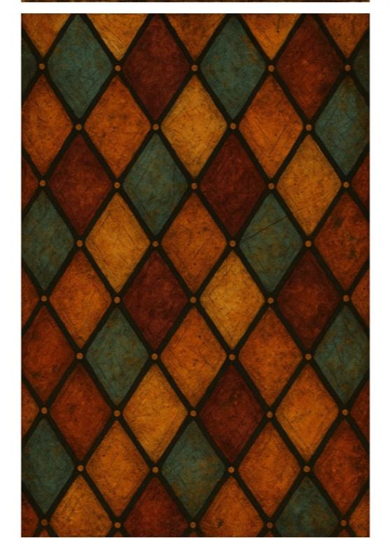 Decoupage paper with diamond pattern in orange, green, and brown