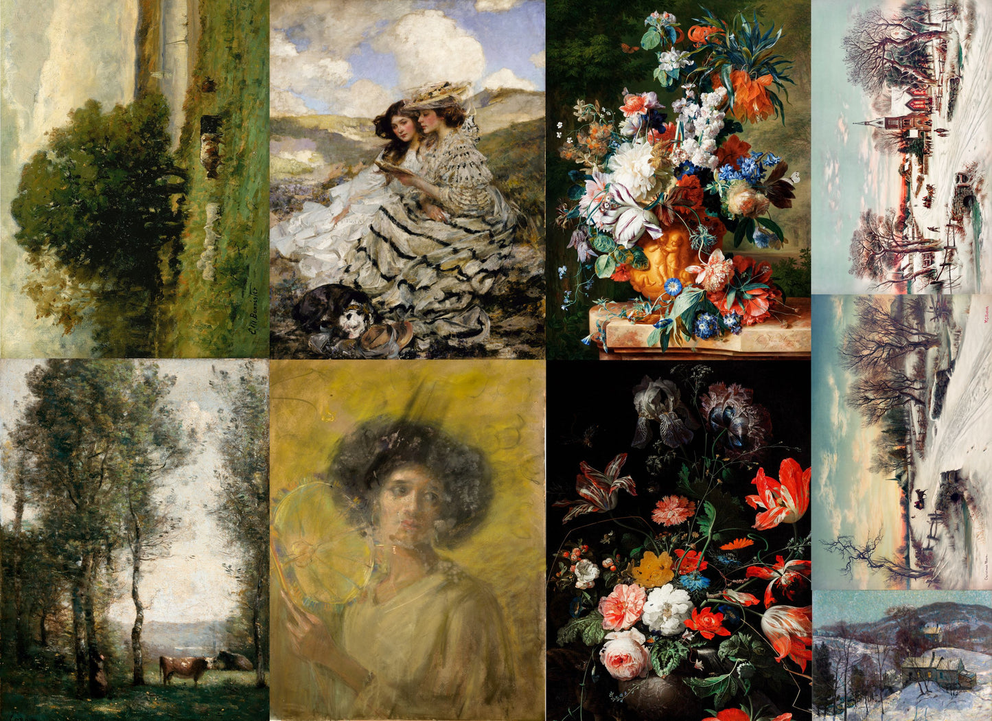 A sheet of Roycycled decoupage paper featuring floral patterns, landscapes, and vintage-style fine art paintings