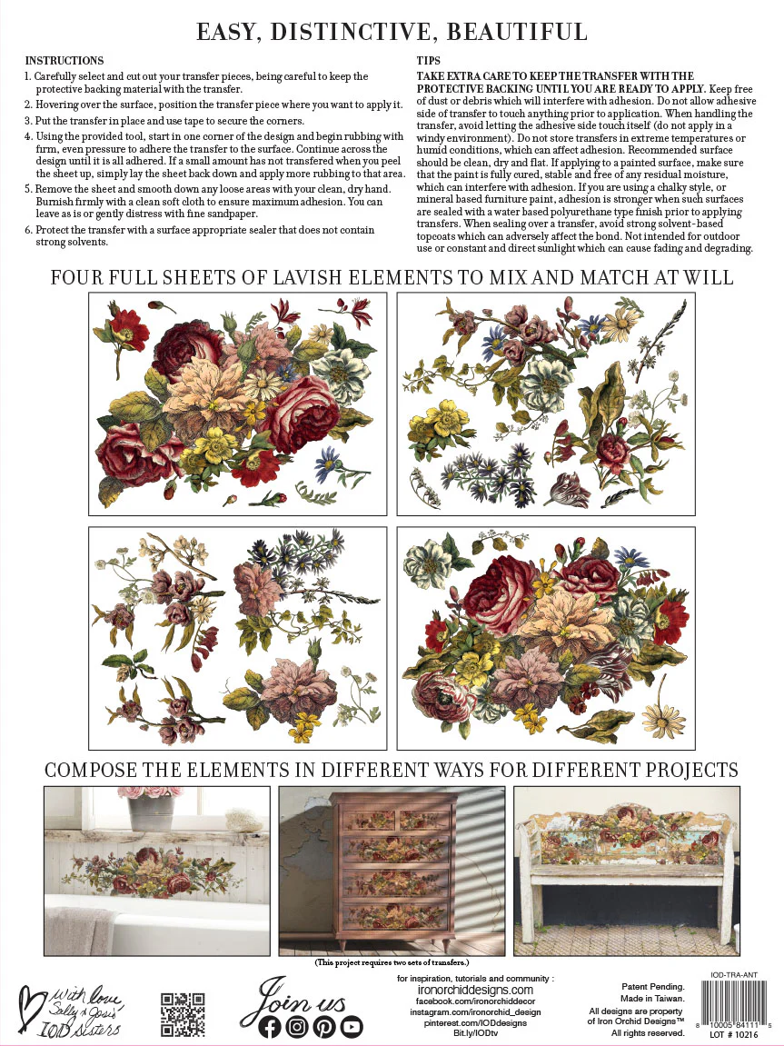 Back cover of "Floral Anthology" transfer by IOD, with previews of the transfer pages and instructions on using transfers.