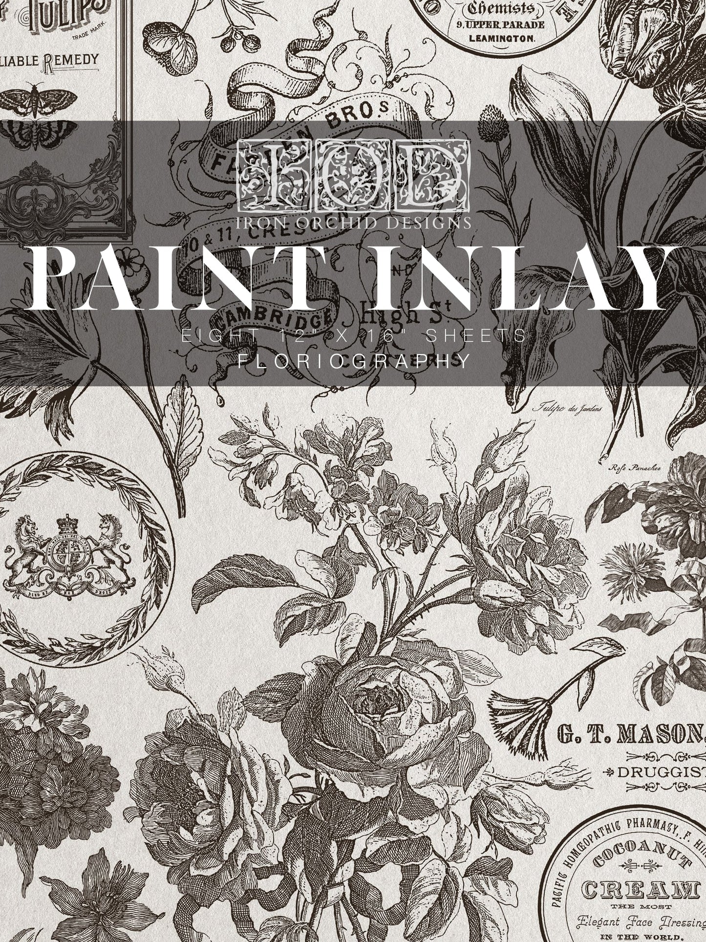 Iron Orchid Designs Paint Inlay "Floriography" with vintage floral motifs and script for DIY furniture and crafts.