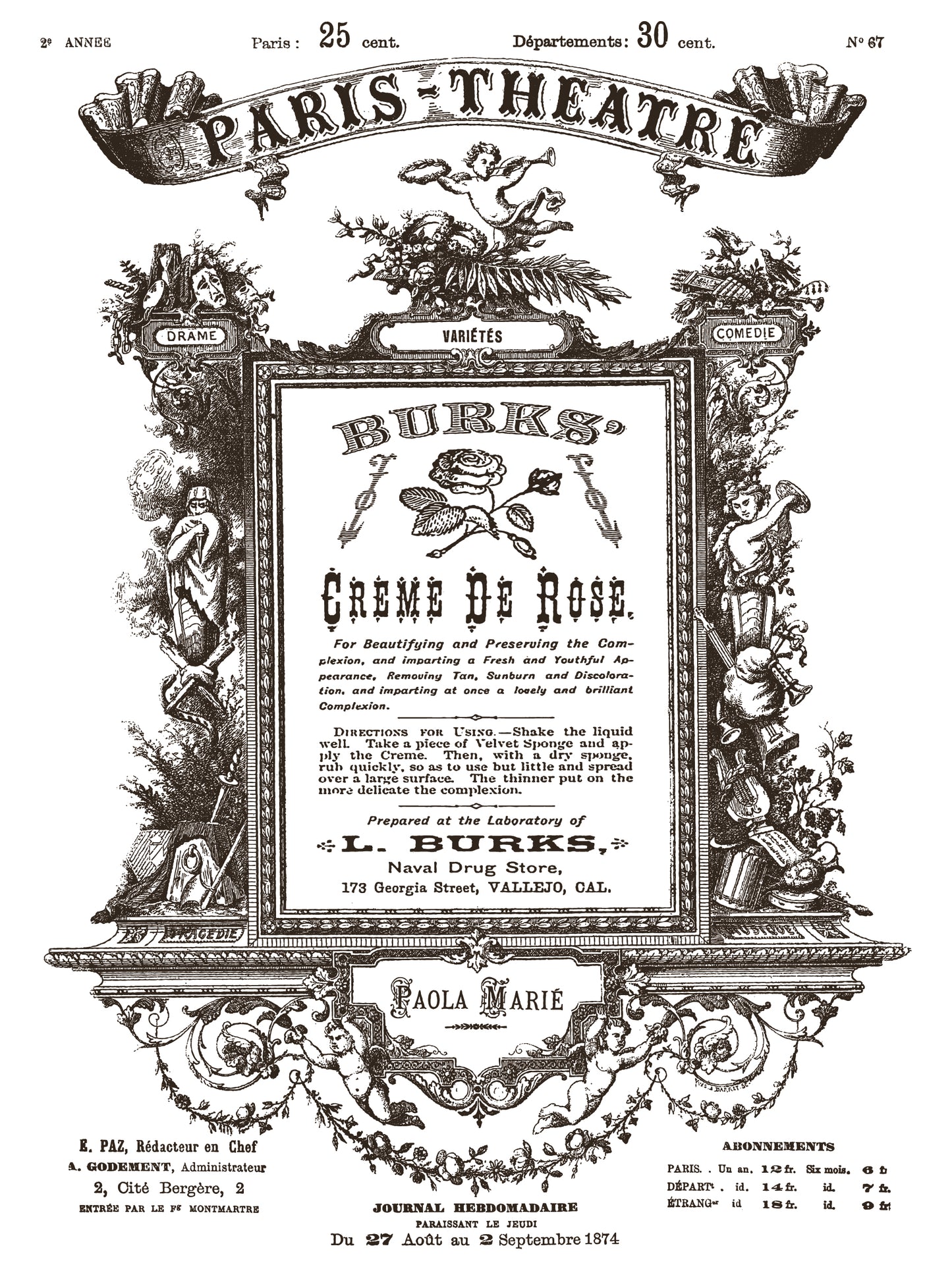 Vintage advertisement for Burk's Crème de Rose with decorative elements on a white background