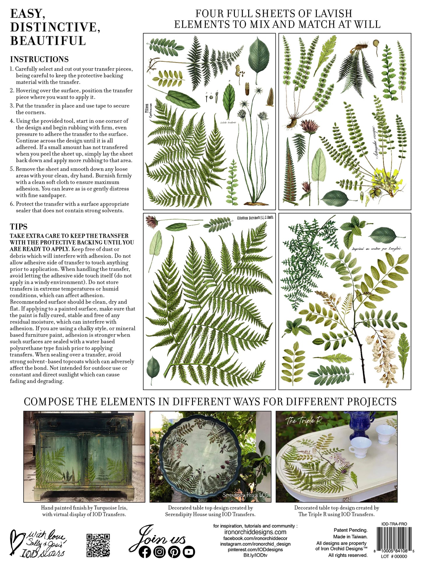Instructions and examples for using decorative transfer paper elements with green foliage on a white background.