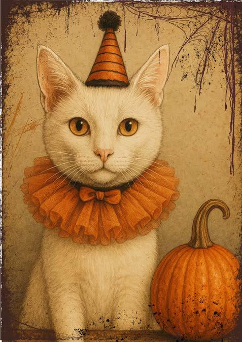 A decoupage paper with a white cat wearing an orange Halloween costume with a pumpkin on a textured background