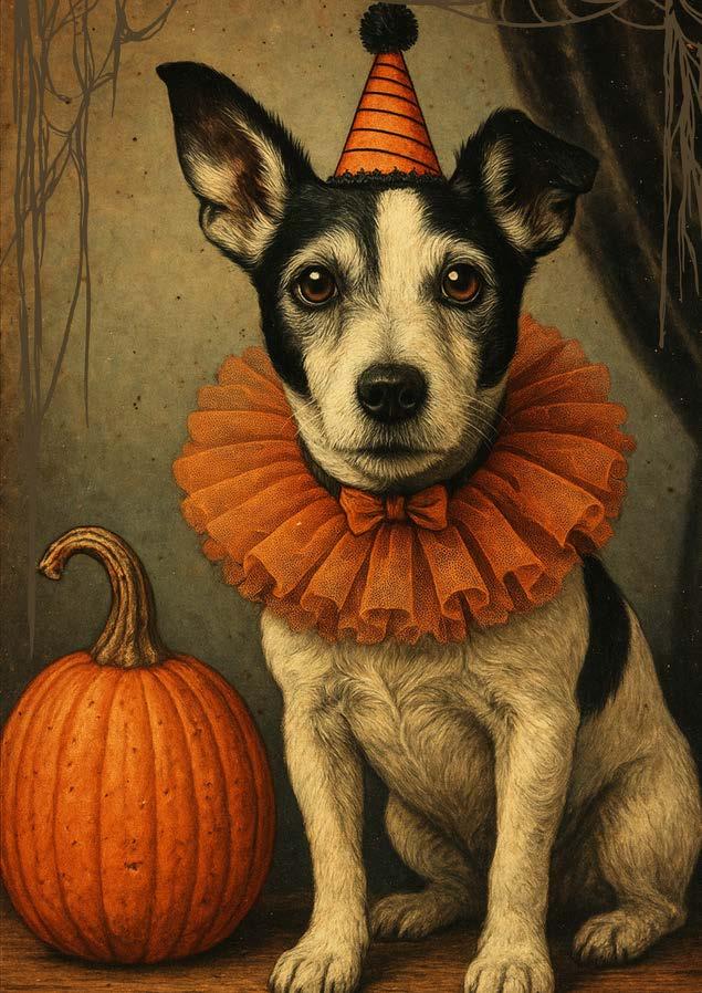 Decoupapge paper of a dog wearing a Halloween costume with a pumpkin and festive hat.