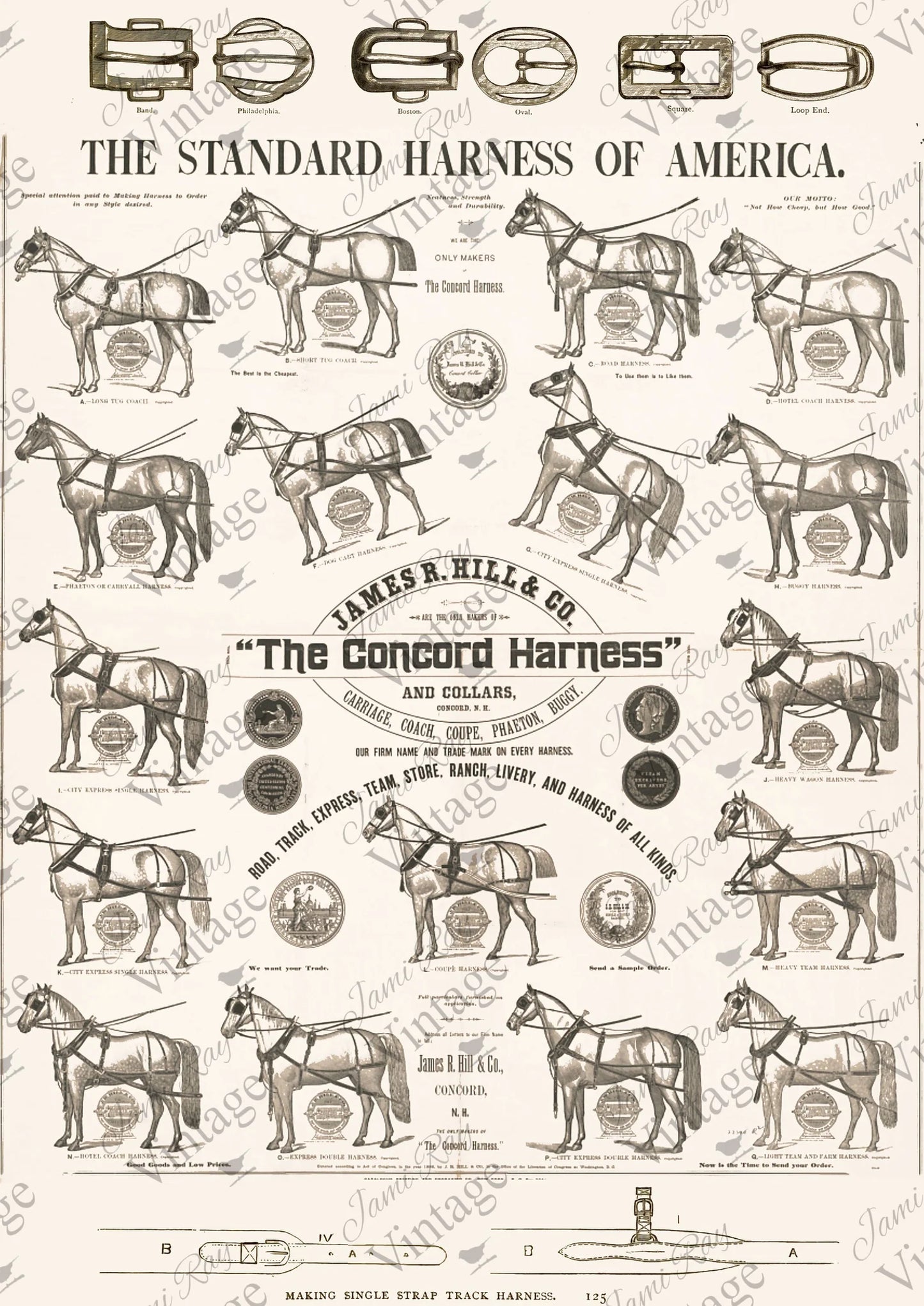 A sheet of Rice Paper for decoupaging featuring vintage horses and a horse harness add called "The Concord Harness - The Standard Harness of America."