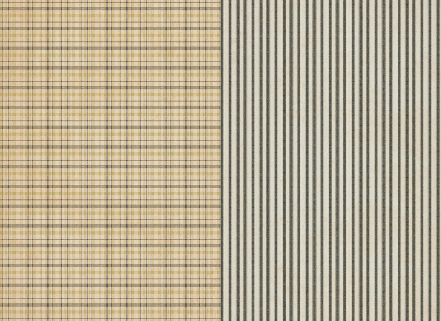 A sheet of decoupage paper with a Christmas pattern, primarily in beige and white, with one half plaid and one half stripes
