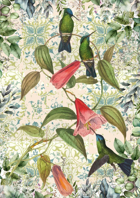 A colorful decoupage paper with a pattern featuring hummingbirds and floral motifs.