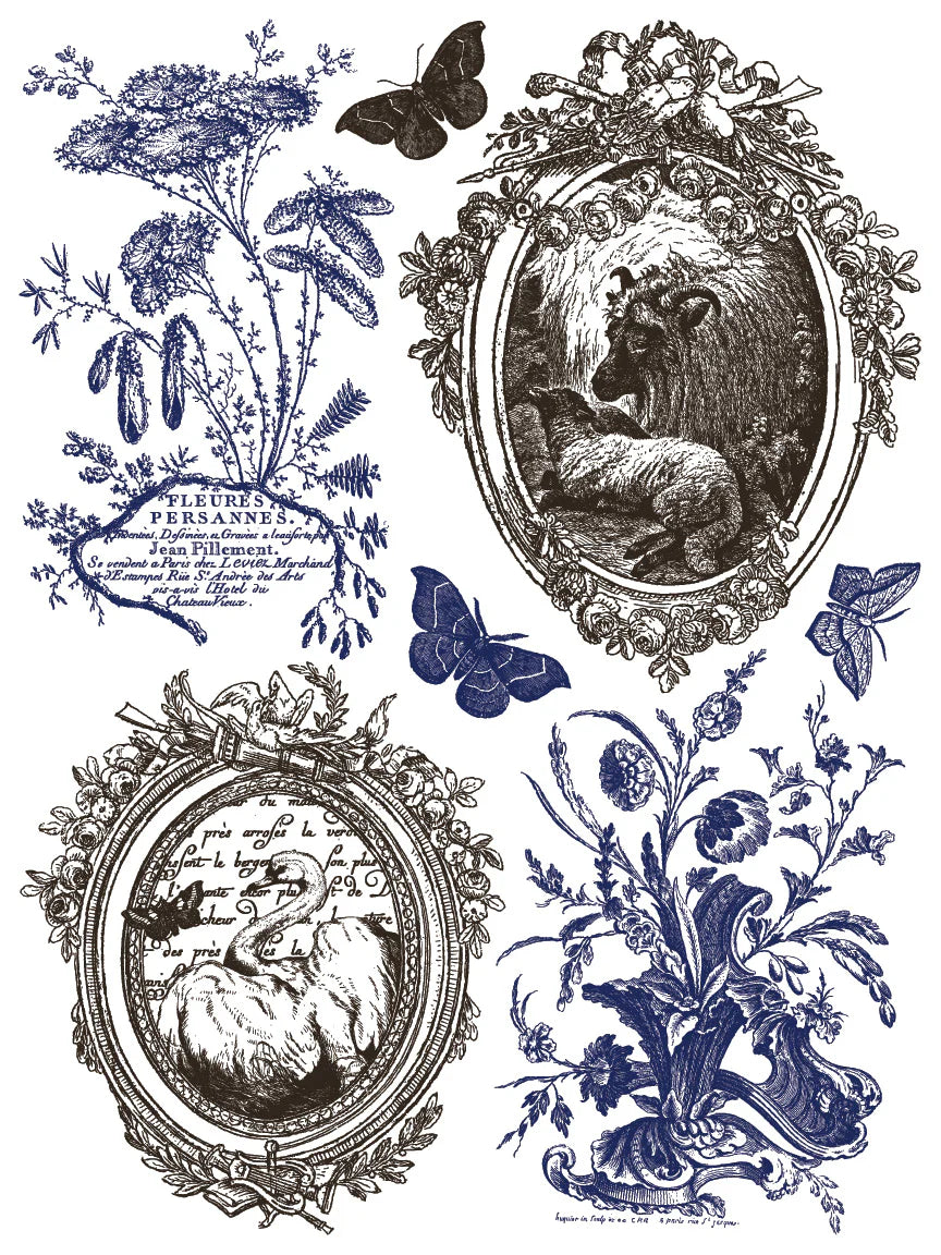 Decorative design with floral elements, butterflies, and framed portraits as a Paint Inlay.