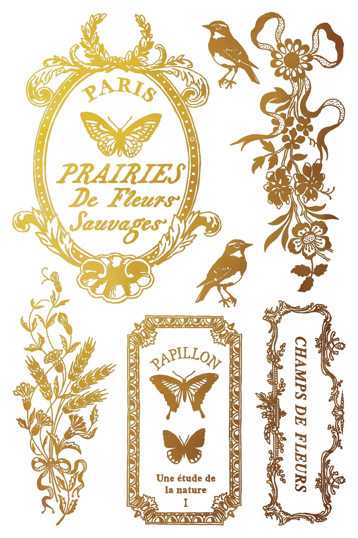 Decorative design with butterflies, flowers, and text in gold on a white background