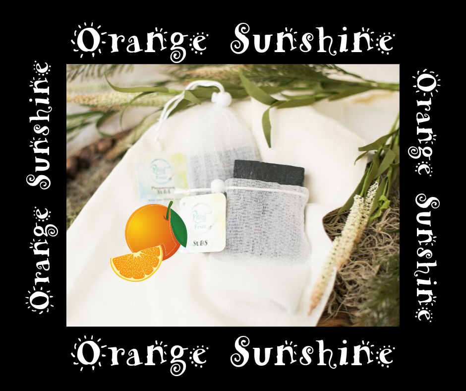 Product set with 'Orange Sunshine' branding on a black background