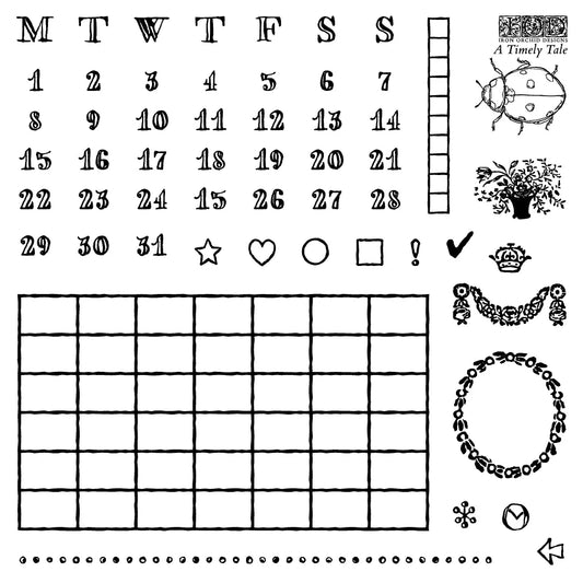 Black and calendar grid stamp with days of the week headers, numbers 1 through 31, decorative icons, and a large blank 6-day grid on a white background.