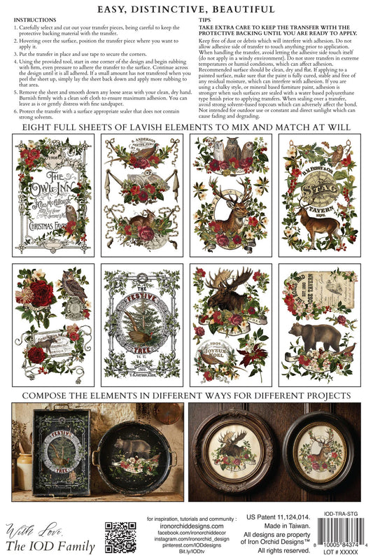 Instruction sheet for using the Stag Tavern transfer pad, showing eight decorative floral and animal designs and DIY projects.