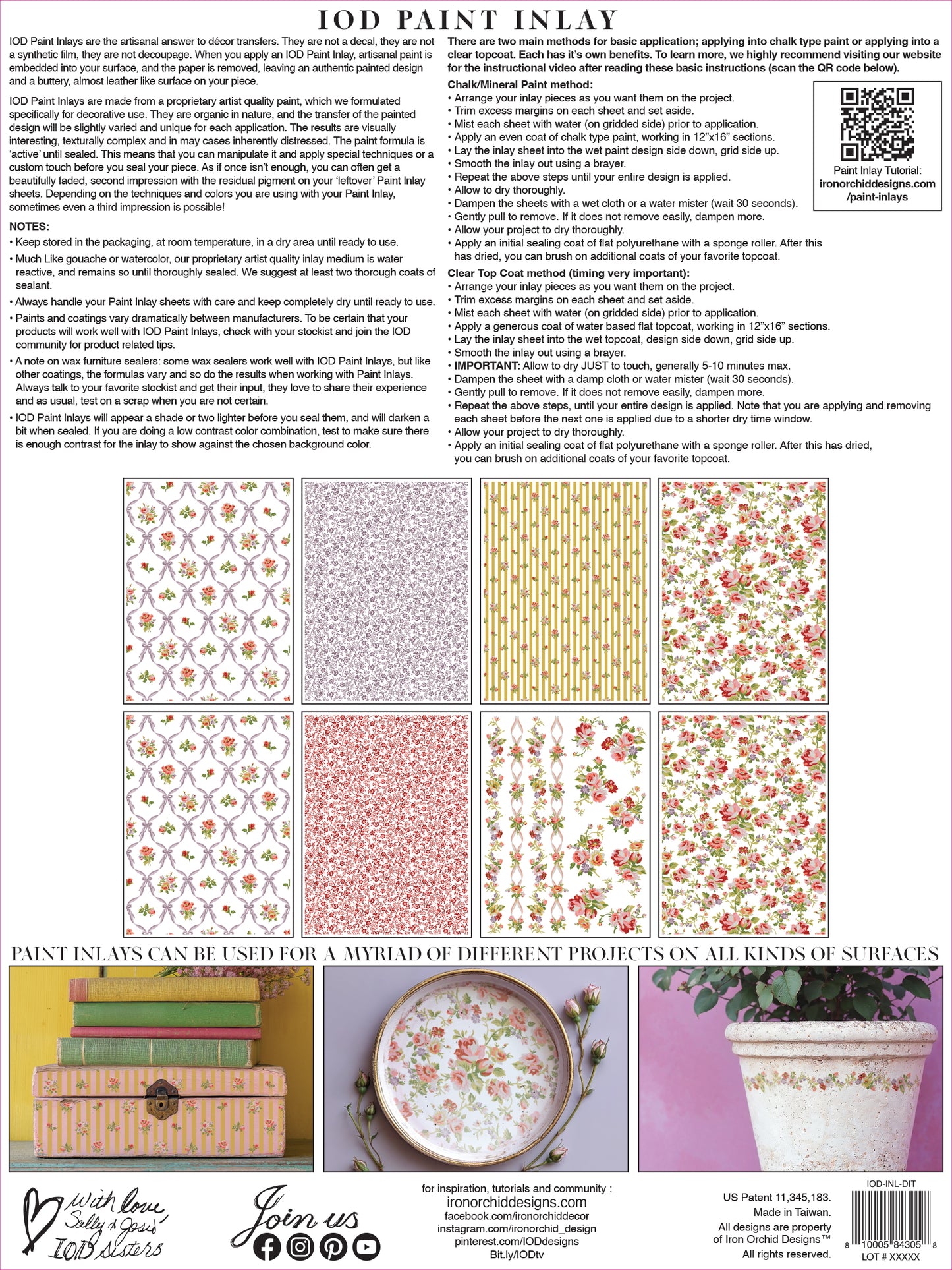 Back cover of the IOD Ditsy Blooms Paint Inlay with directions and example projects