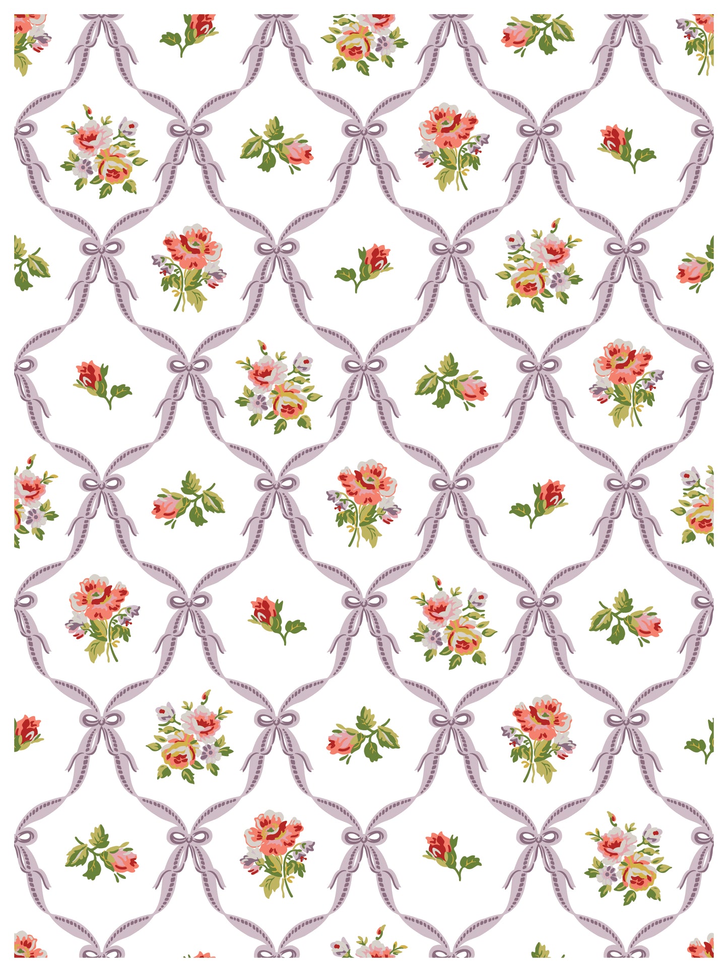 Pattern of floral bouquets and ribbons on a white background