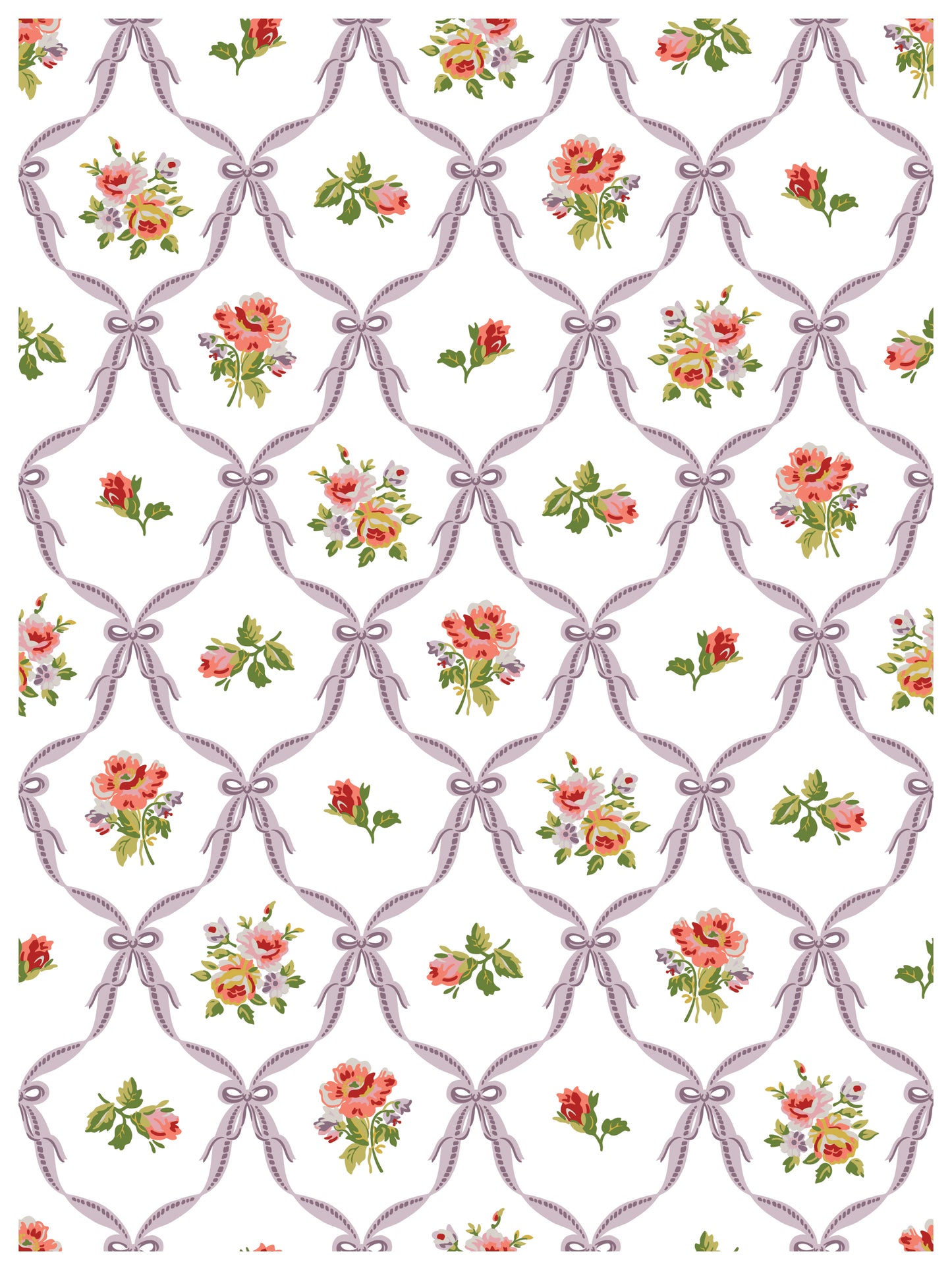 Pattern of floral bouquets and ribbons on a white background