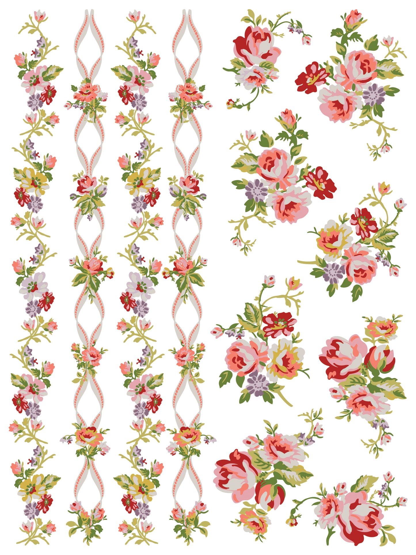 Ditsy Blooms IOD Inlay showing Floral pattern with pink ribbons on white