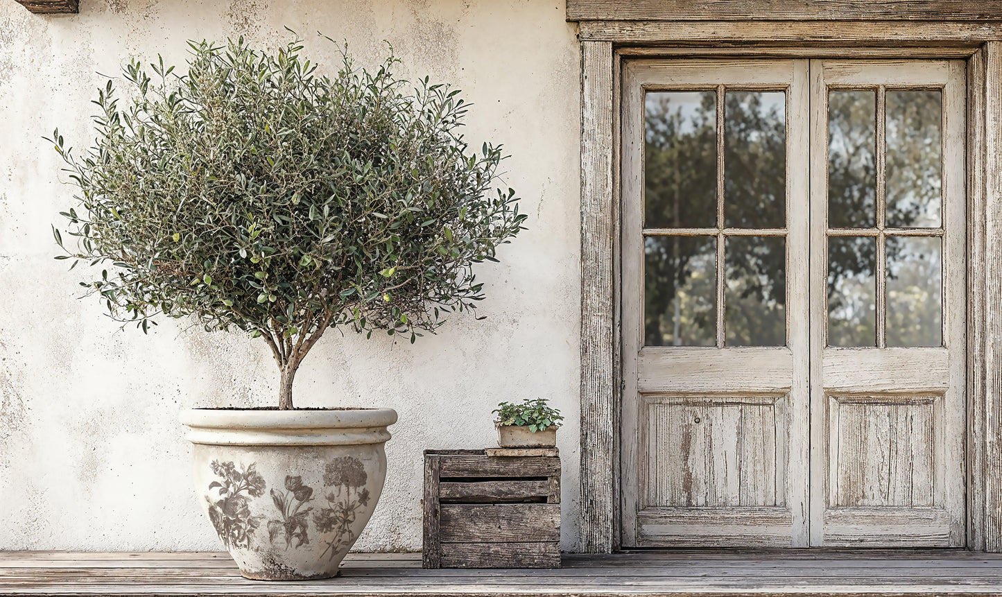 Potted plant and wooden crate with floriogoraphy with a rustic door in the background.