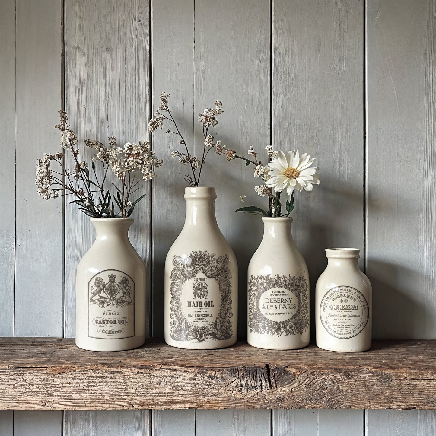 Four decorative bottles with designs from the IOD floriography paint inlay