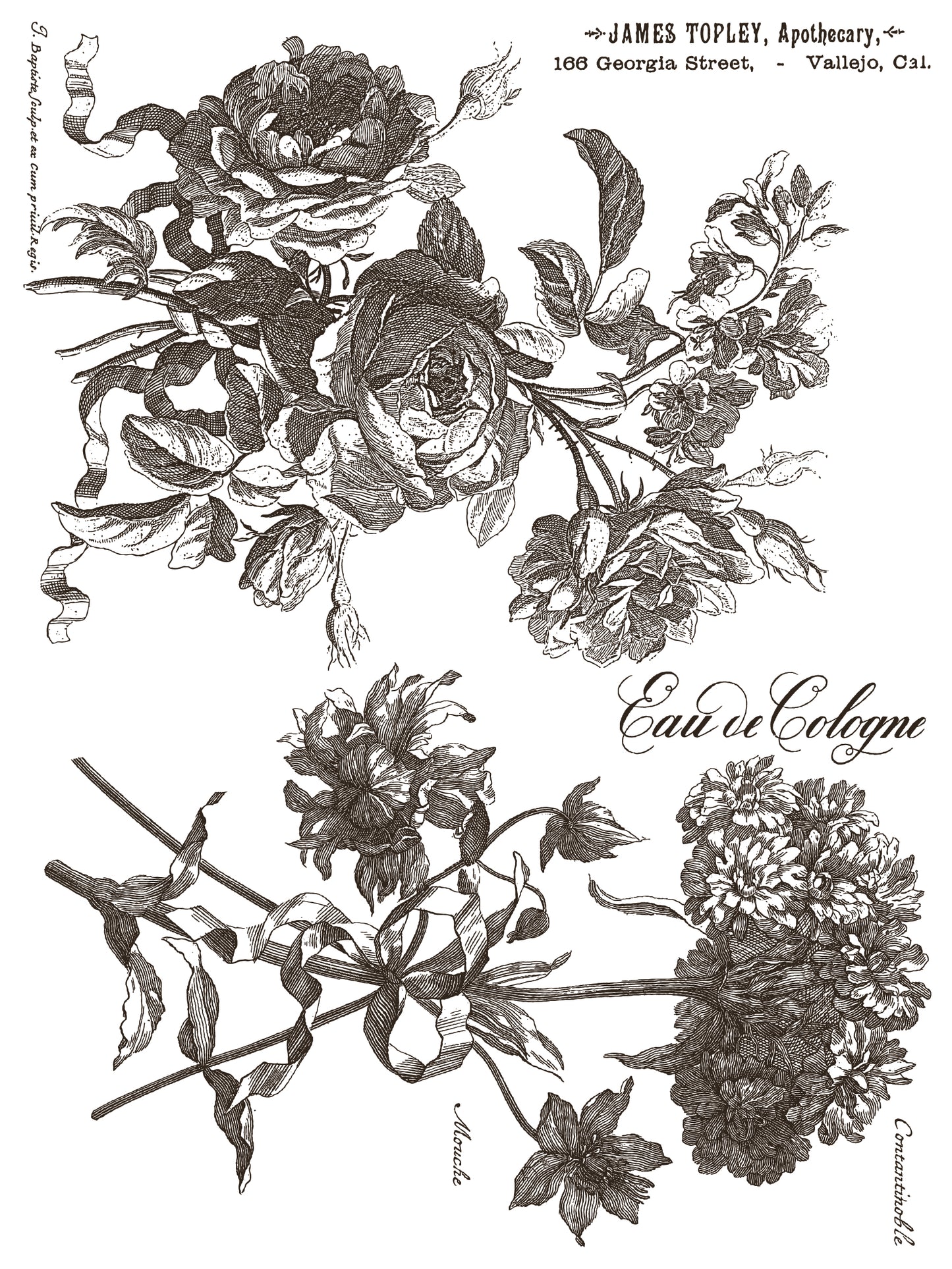 Vintage-style illustration of floral bouquets with text reading "Eau de Cologne"