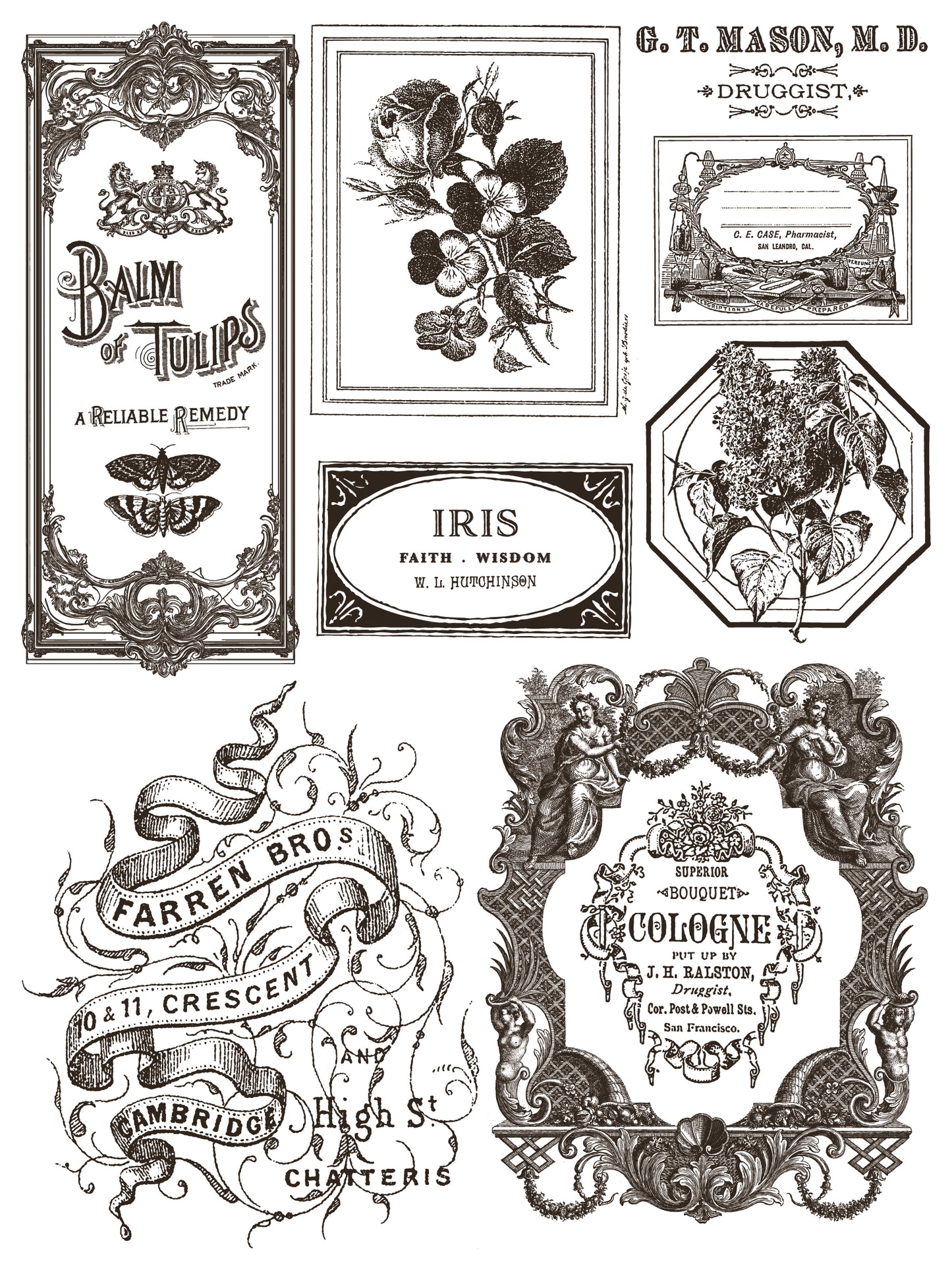 Collection of vintage-style product labels with decorative elements on a white background.